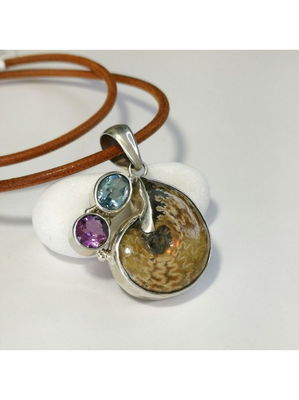 Ammonite Fossil Blue Topaz Amethyst pendant in Sterling Silver
